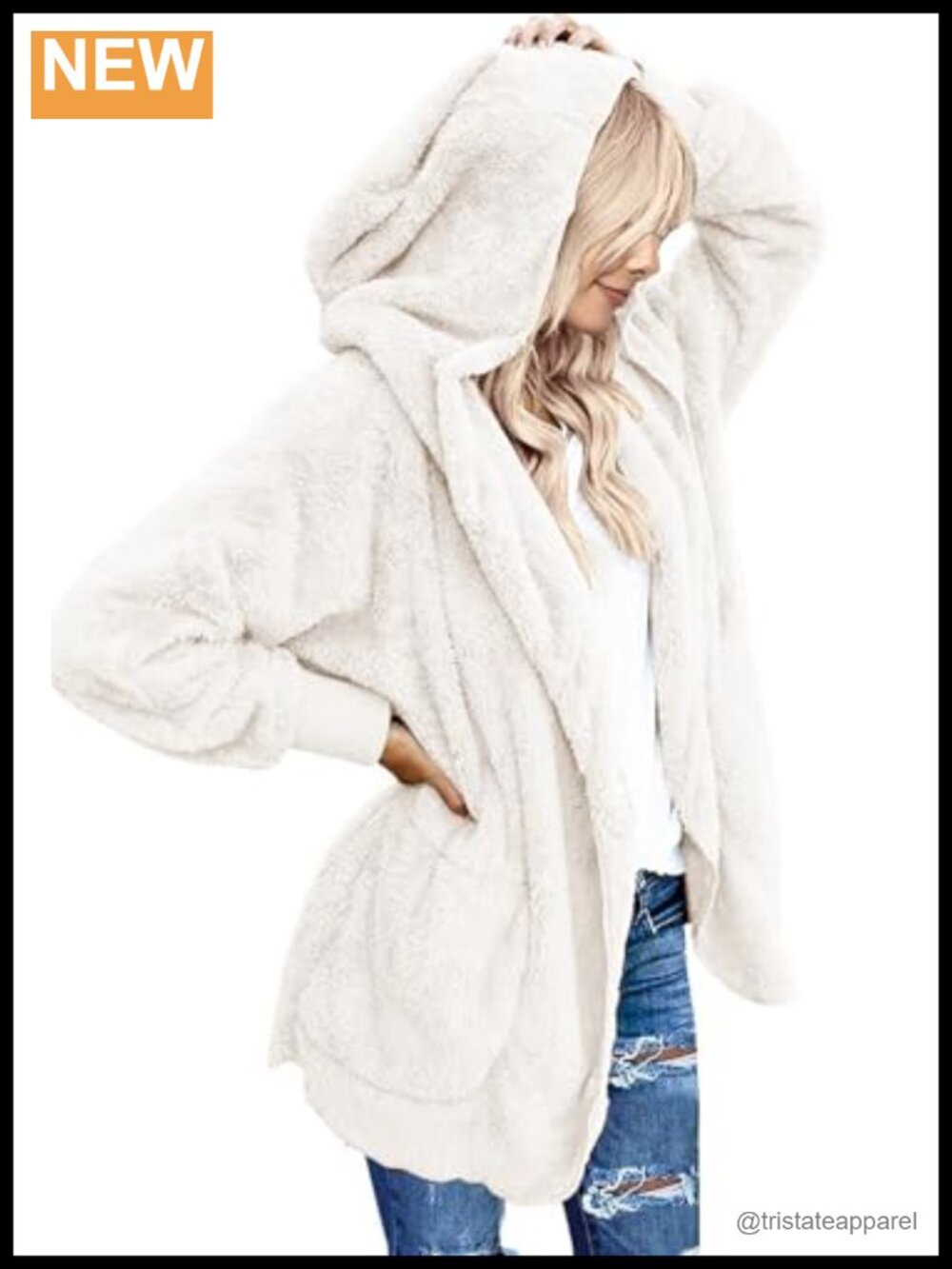 Oversized Sherpa Fleece Hooded Cardigan Jacket Open Front Pockets